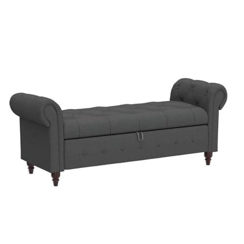 Button Tufted Storage Bench for Bedroom, Linen Fabric Upholstered Ottoman Bench (Dark Grey)