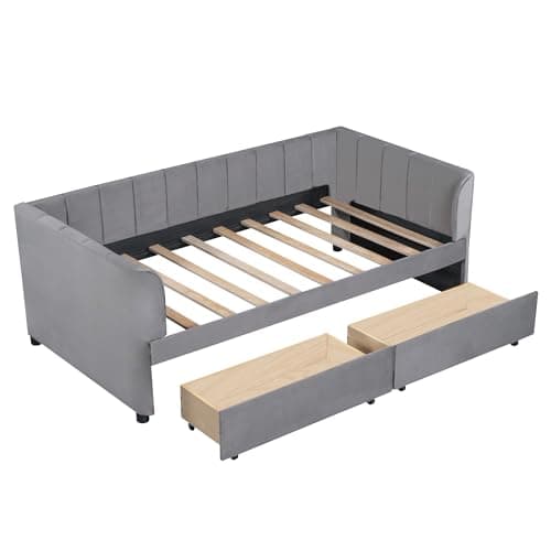 Velvet Daybed with Storage Drawers and Striped Headboard Design