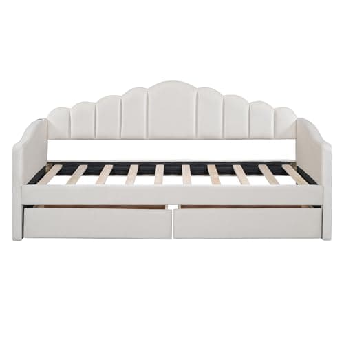 Velvet Upholstered Twin Daybed with Drawers, USB Ports, and Storage Pockets - Beige