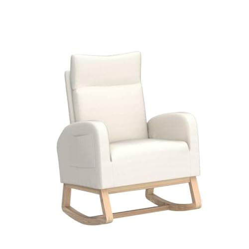 Modern Nursery Rocking Chair with Side Pockets & Solid Wood Legs (Fabric-Beige)