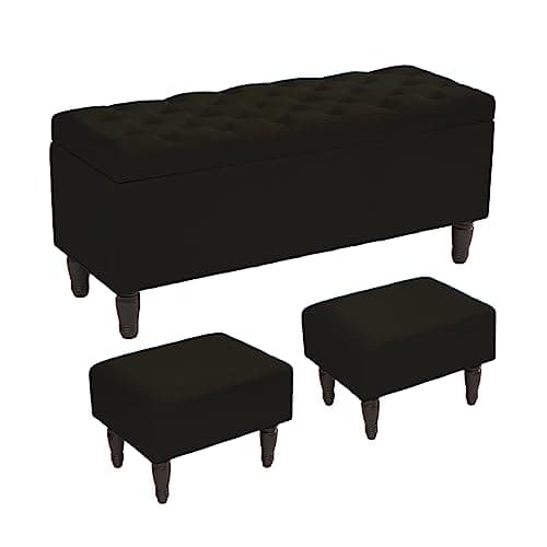 Off White Bedroom Bench with 2 Ottoman Footrests and Storage