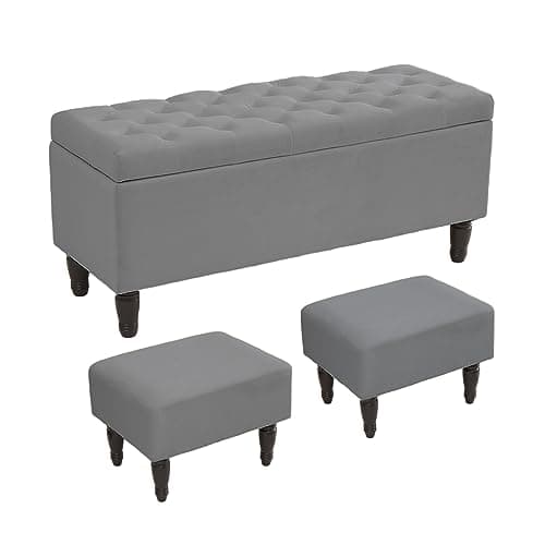 Off White Bedroom Bench with 2 Ottoman Footrests and Storage