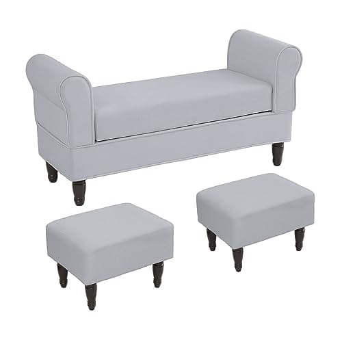 Off White Bedroom Bench with 2 Ottoman Footrests and Storage