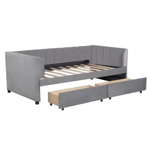 Velvet Daybed with Storage Drawers and Striped Headboard Design