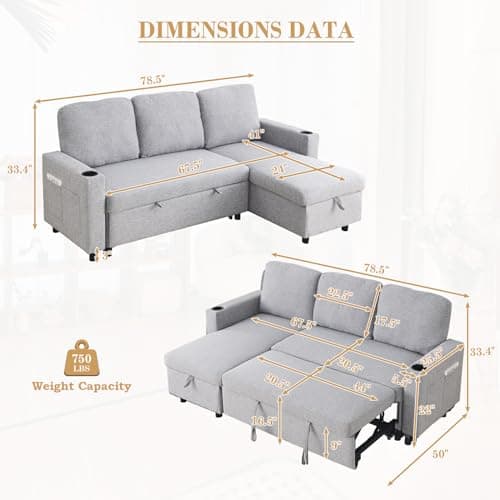 Linen L Shape Couch Sofa with Storage Chaise&Sleeper Pull Out Bed