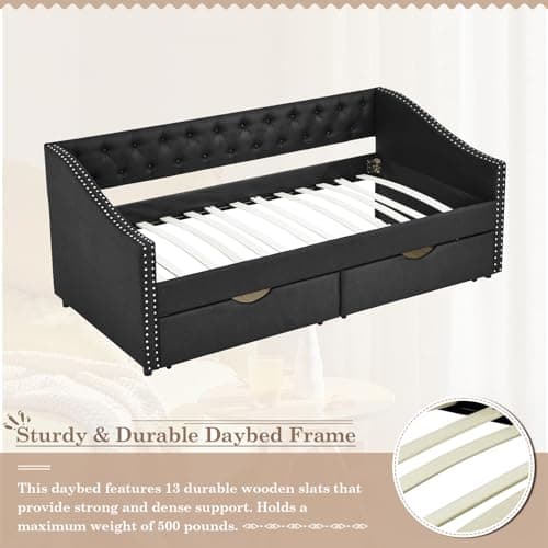 JEEOHEY Daybed with Storage, Linen Twin Sofa Bed with Nailhead Trim & 2 Drawers (Black)