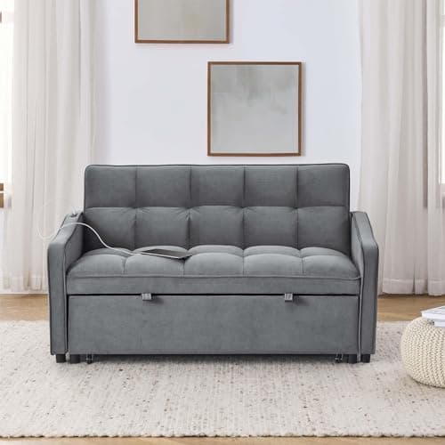 Modern Velvet Sleeper Sofa Couch with USB Port, Pull Out Bed, Curved Armrest - Grey