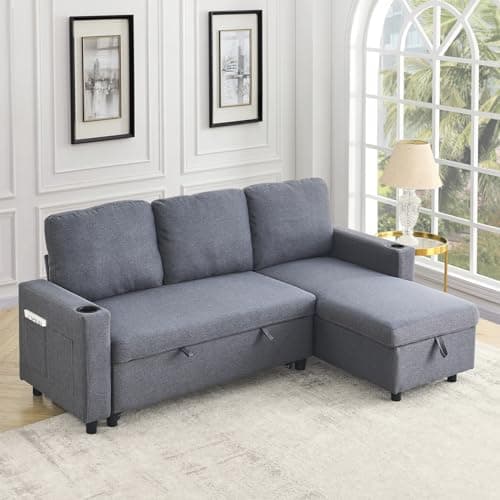 Linen L Shape Couch Sofa with Storage Chaise&Sleeper Pull Out Bed