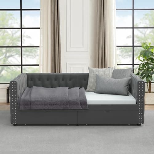 Velvet Upholstered Twin Daybed with Storage Drawers and Nailhead Trim