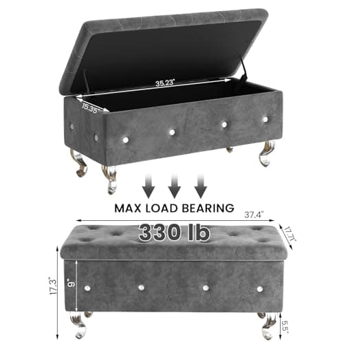 Velvet Upholstered Storage Bench with Safety Hinge