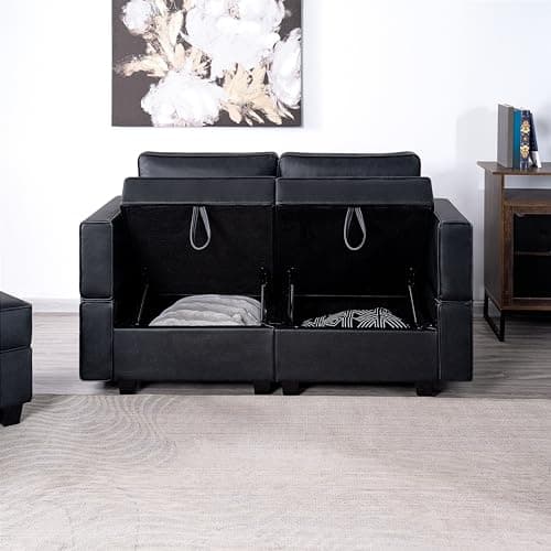 Naomi Home Sarah Black Modular Loveseat with Storage, Air Leather 2 Seaters