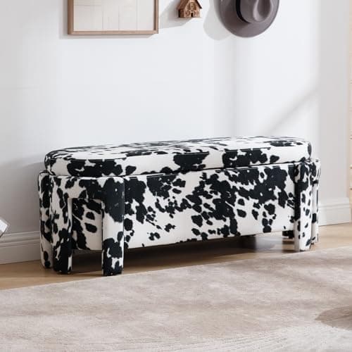Modern Upholstered Storage Bench, Velvet Fabric 47 Long Entryway Bench with Storage and Seating, Cow Pattern