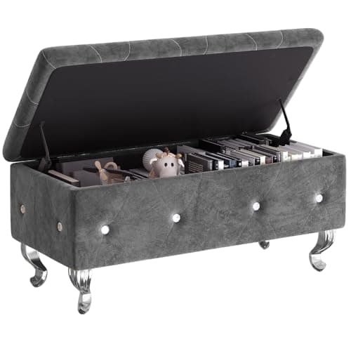 Velvet Upholstered Storage Bench with Safety Hinge