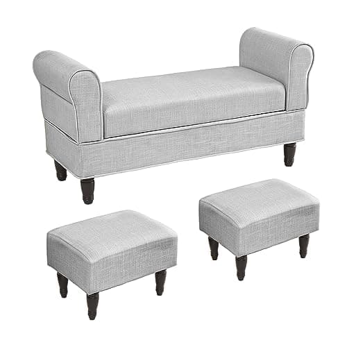 Off White Bedroom Bench with 2 Ottoman Footrests and Storage