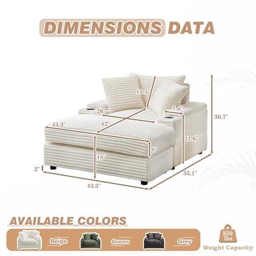 Oversized Chaise Lounge Chair with Ottoman, Corduroy Upholstered Sofa Couch, Storage Spaces&Cup Holder, Reclining Sleeper Chair for Living Room, Office.