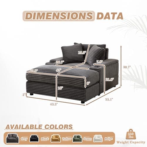 Oversized Chaise Lounge Chair with Ottoman and Storage for Living Room or Office (Grey)