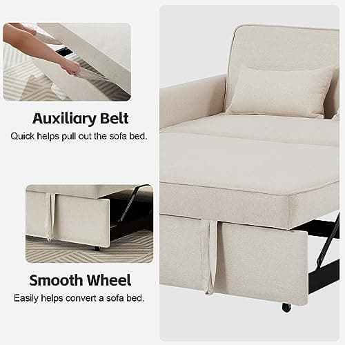 JEEOHEY 3-in-1 Convertible Sleeper Sofa Bed, 54 Linen Fabric Modern Pull Out Couch Bed, Comfy Futon Love Seat Sofa with Adjustable Backrest & Pillows, Beige