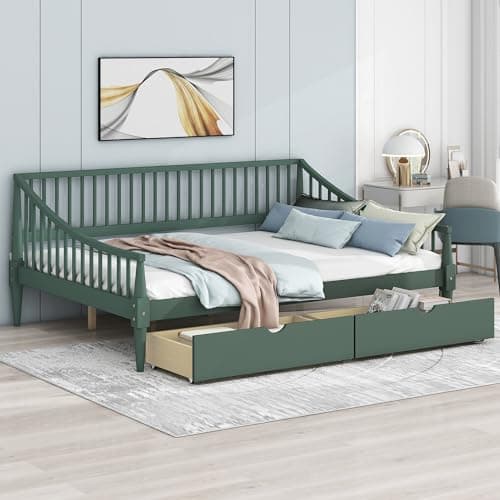 Velvet Daybed with Storage Drawers and Striped Headboard Design