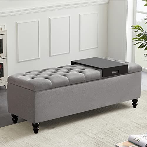 Upholstered Fabric Storage Ottoman Bench - 50.2 Inches, Button Tufted, Grey