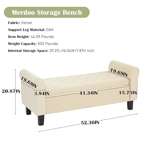 51'' Tufted Upholstered Storage Bench for Bedroom Living Room, Off White Velvet