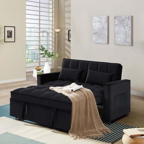 Convertible Sleeper Sofa Bed, Velvet Upholstered Futon Couch with Adjustable Backrest (Grey)