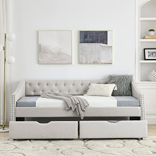 Modern Fabric Twin Upholstered Daybed with Drawers