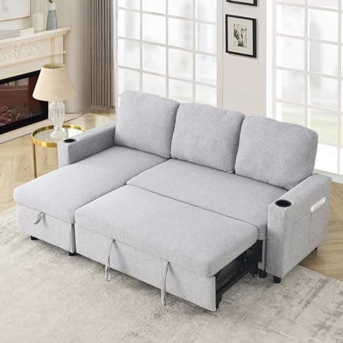Linen L Shape Couch Sofa with Storage Chaise&Sleeper Pull Out Bed