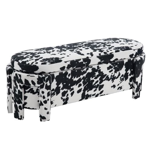 Modern Upholstered Storage Bench, Velvet Fabric 47 Long Entryway Bench with Storage and Seating, Cow Pattern