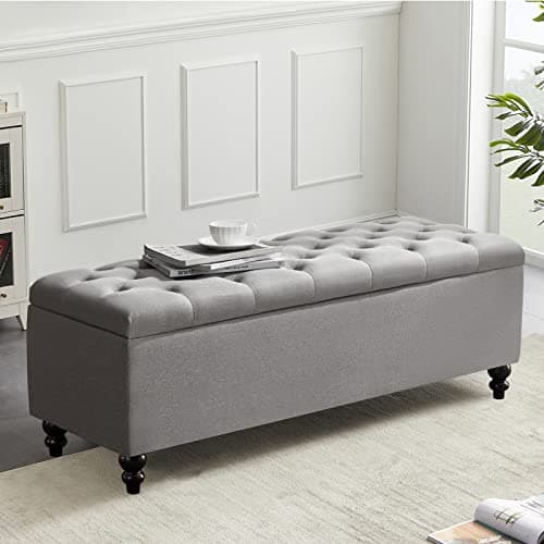 Upholstered Fabric Storage Ottoman Bench - 50.2 Inches, Button Tufted, Grey