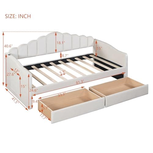 Velvet Upholstered Twin Daybed with Drawers, USB Ports, and Storage Pockets - Beige