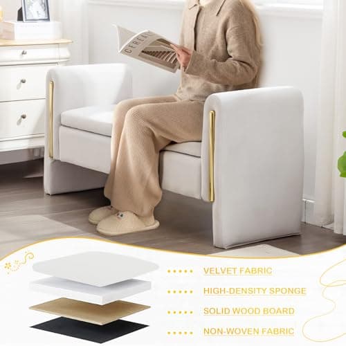 Modern Velvet Ottoman Storage Bench 53W - Velvet-Ivory