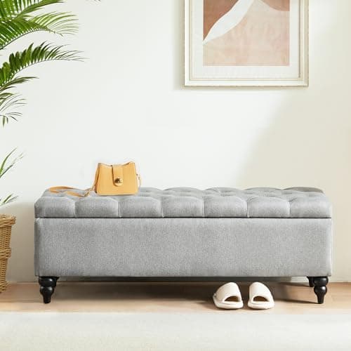 End of Bed Storage Ottoman Bench, Button Tufted Upholstered - Grey