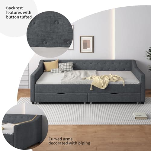 Upholstered Daybed with Drawers, Wood Frame Sofa Bed, Button Tufted Backrest, Linen Fabric, Dark Gray