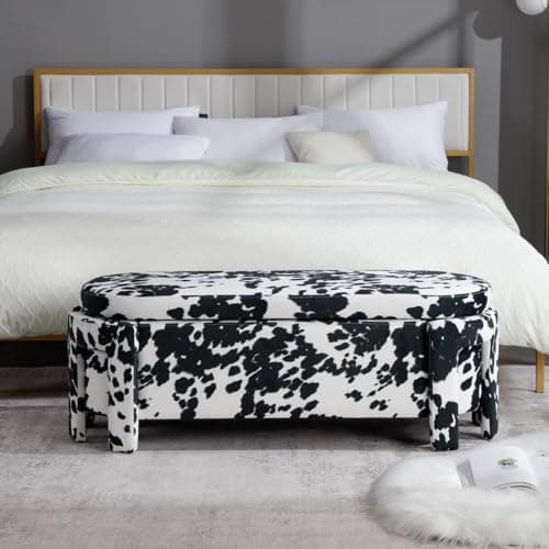Modern Upholstered Storage Bench, Velvet Fabric 47 Long Entryway Bench with Storage and Seating, Cow Pattern