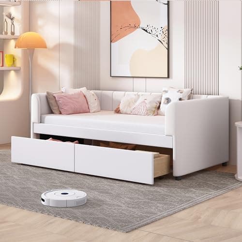 Velvet Daybed with Storage Drawers and Striped Headboard Design