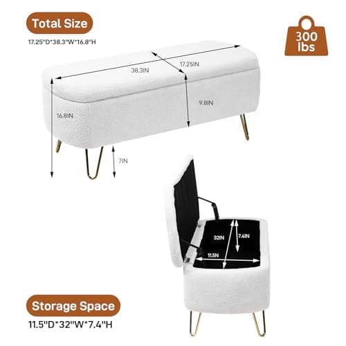 Sherpa Upholstered Storage Ottoman Bench with Gold Legs