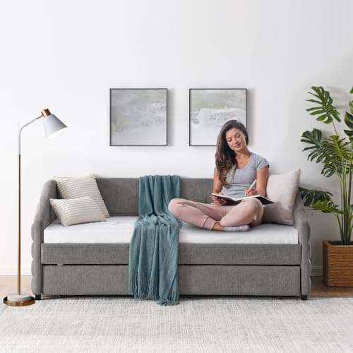 Modern Upholstered Daybed with Storage and Trundle Frame, Grey