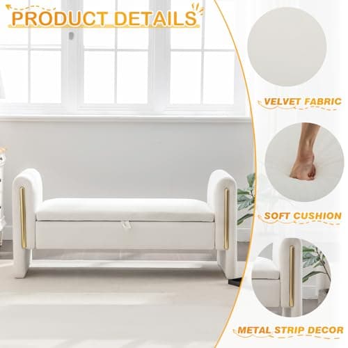 Modern Velvet Ottoman Storage Bench 53W - Velvet-Ivory