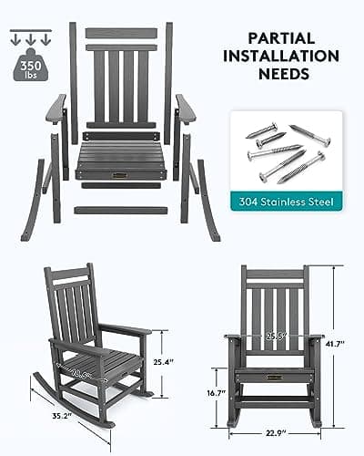 Oversized Outdoor Rocking Chair for Adults, All Weather Resistant, Grey