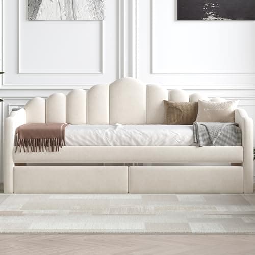 Velvet Upholstered Twin Daybed with Drawers, USB Ports, and Storage Pockets - Beige