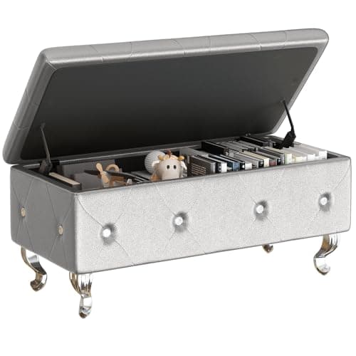 Velvet Upholstered Storage Bench with Safety Hinge