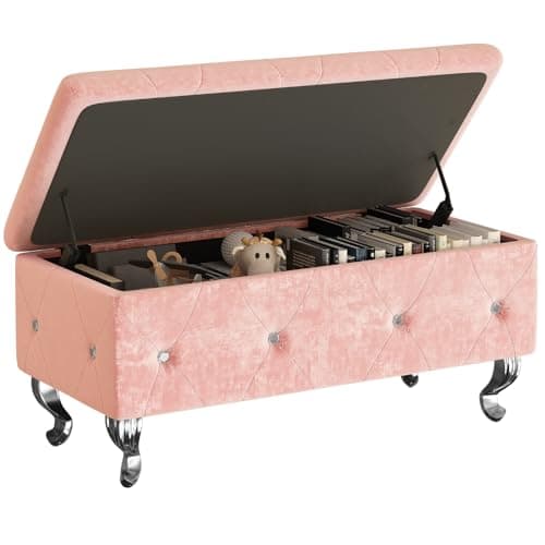 Velvet Upholstered Storage Bench with Safety Hinge