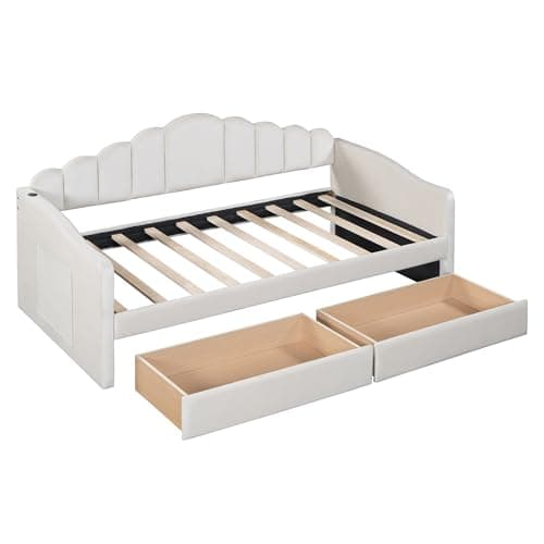 Velvet Upholstered Twin Daybed with Drawers, USB Ports, and Storage Pockets - Beige