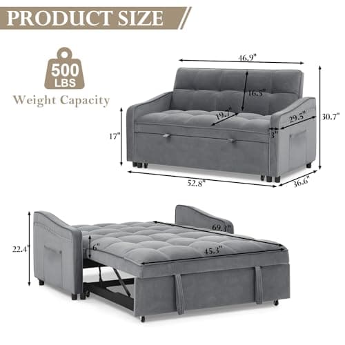 Modern Velvet Sleeper Sofa Couch with USB Port, Pull Out Bed, Curved Armrest - Grey