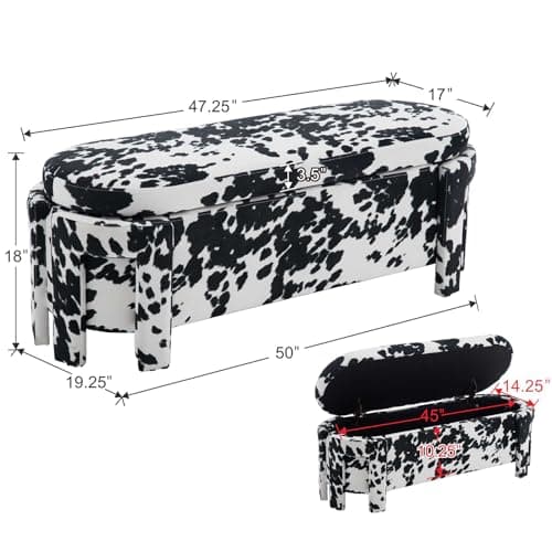 Modern Upholstered Storage Bench, Velvet Fabric 47 Long Entryway Bench with Storage and Seating, Cow Pattern