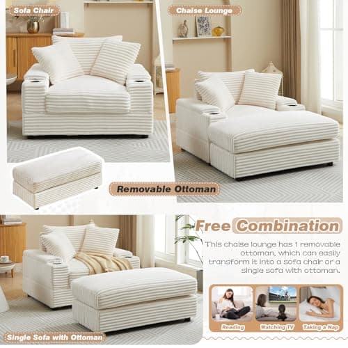 Oversized Chaise Lounge Chair with Ottoman, Corduroy Upholstered Sofa Couch, Storage Spaces&Cup Holder, Reclining Sleeper Chair for Living Room, Office.