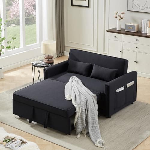 JEEOHEY 3-in-1 Convertible Sleeper Sofa Bed, 54 Linen Fabric Modern Pull Out Couch Bed, Comfy Futon Love Seat Sofa with Adjustable Backrest & Pillows, Beige