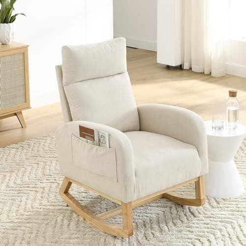 Modern Nursery Rocking Chair with Side Pockets & Solid Wood Legs (Fabric-Beige)