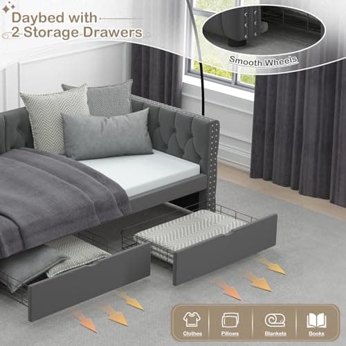 Velvet Upholstered Twin Daybed with Storage Drawers and Nailhead Trim