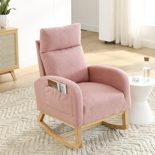 Modern Nursery Rocking Chair with Side Pockets & Solid Wood Legs (Fabric-Beige)
